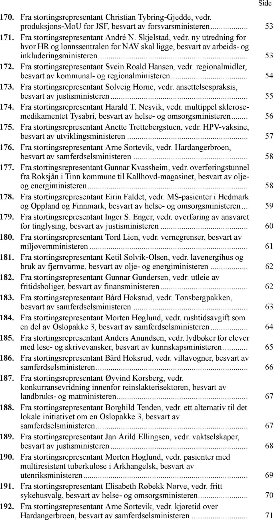 regionalmidler, besvart av kommunal- og regionalministeren... 54 173. Fra stortingsrepresentant Solveig Horne, vedr. ansettelsespraksis, besvart av justisministeren... 55 174.