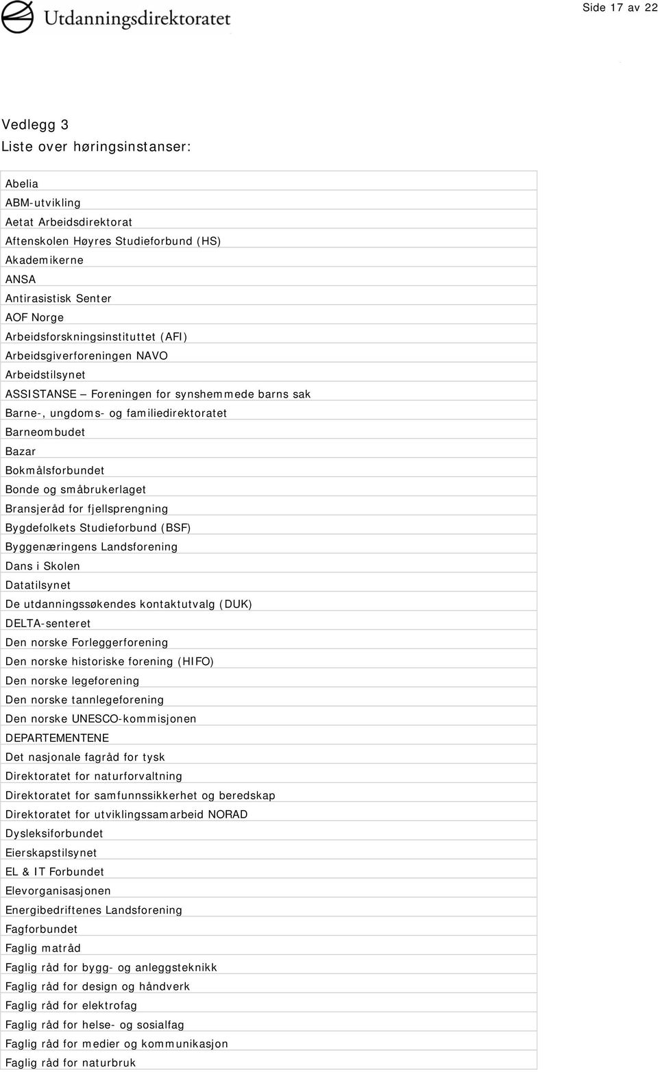 Bokmålsforbundet Bonde og småbrukerlaget Bransjeråd for fjellsprengning Bygdefolkets Studieforbund (BSF) Byggenæringens Landsforening Dans i Skolen Datatilsynet De utdanningssøkendes kontaktutvalg