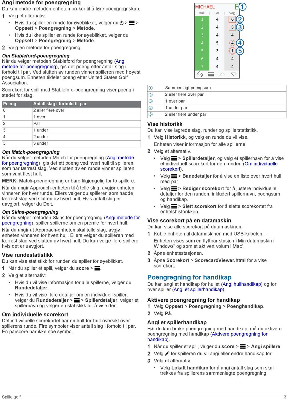 Om Stableford-poengregning Når du velger metoden Stableford for poengregning (Angi metode for poengregning), gis det poeng etter antall slag i forhold til par.