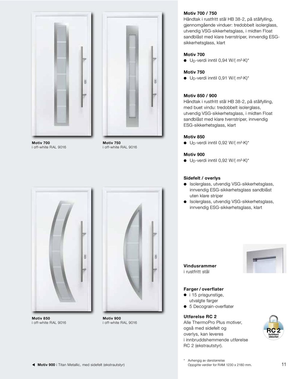 vindu: tredobbelt isolerglass, utvendig VSG-sikkerhetsglass, i midten Float sandblåst med klare tverrstriper, innvendig ESG-sikkerhetsglass, klart Motiv 700 i off-white RAL 9016 Motiv 750 i off-white