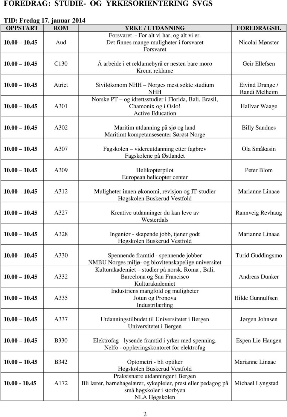 00 10.45 A307 Fagskolen videreutdanning etter fagbrev Fagskolene på Østlandet 10.00 10.45 A309 Helikopterpilot European helicopter center 10.00 10.45 A312 Muligheter innen økonomi, revisjon og IT-studier 10.