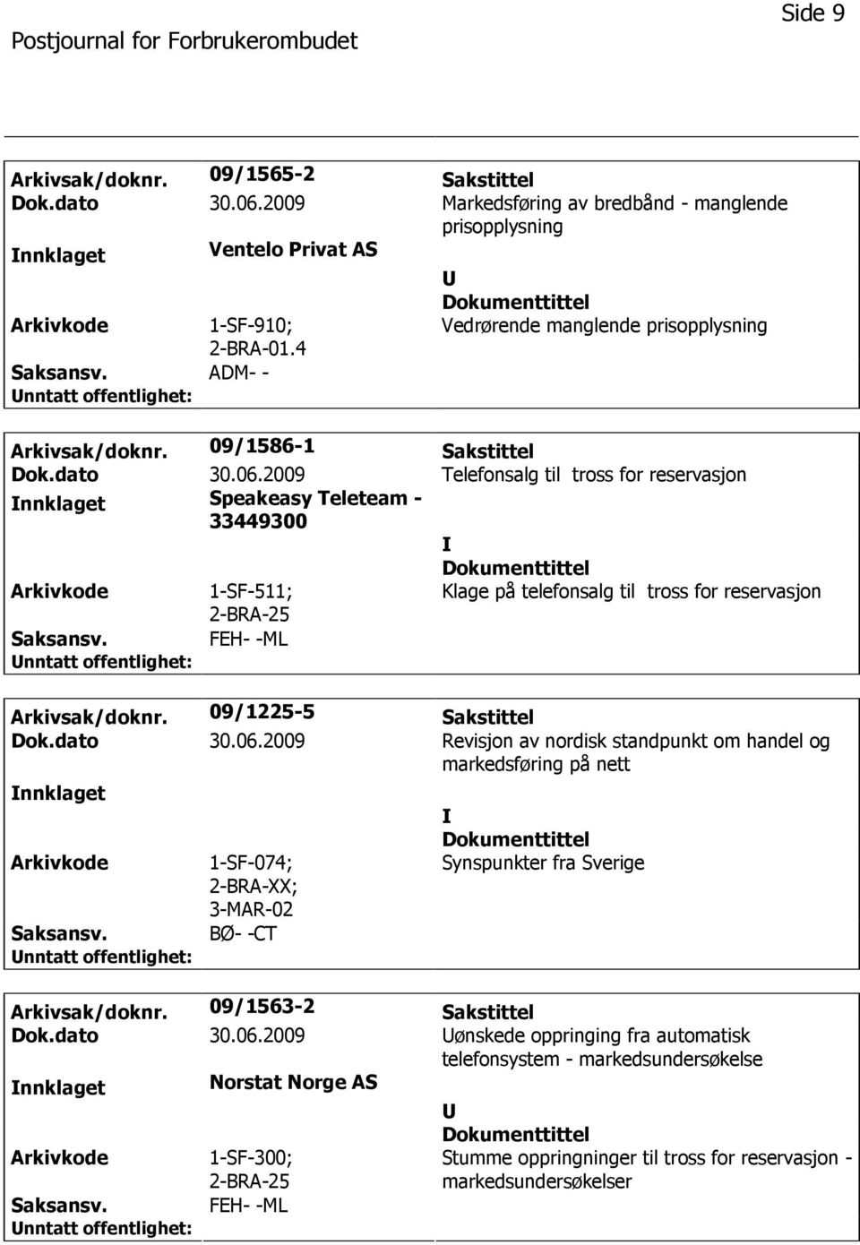 2009 Telefonsalg til tross for reservasjon nnklaget Speakeasy Teleteam - 33449300 1-SF-511; Klage på telefonsalg til tross for reservasjon FEH- -ML Arkivsak/doknr. 09/1225-5 Sakstittel Dok.dato 30.06.