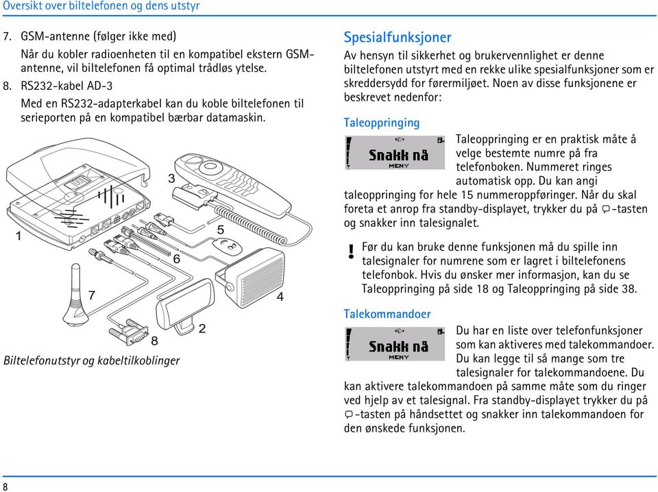 Biltelefonutstyr og kabeltilkoblinger Spesialfunksjoner Av hensyn til sikkerhet og brukervennlighet er denne biltelefonen utstyrt med en rekke ulike spesialfunksjoner som er skreddersydd for