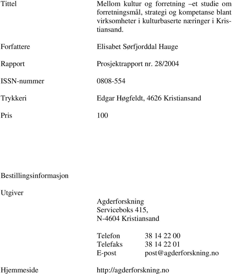 28/2004 ISSN-nummer 0808-554 Trykkeri Edgar Høgfeldt, 4626 Kristiansand Pris 100 Bestillingsinformasjon Utgiver