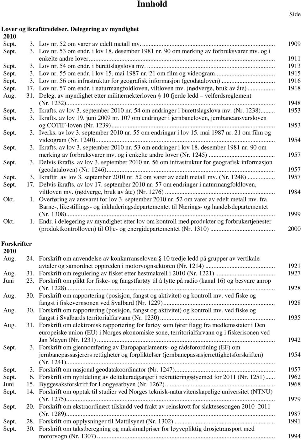 21 om film og videogram... 1915 Sept. 3. Lov nr. 56 om infrastruktur for geografisk informasjon (geodataloven)... 1916 Sept. 17. Lov nr. 57 om endr. i naturmangfoldloven, viltloven mv.