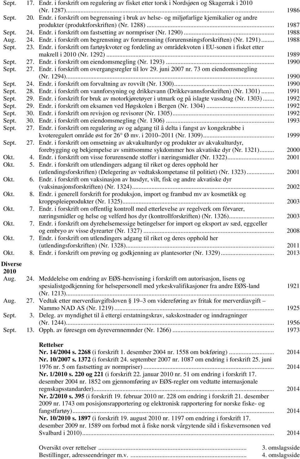 23. Endr. i forskrift om fartøykvoter og fordeling av områdekvoten i EU-sonen i fisket etter makrell i 2010 (Nr. 1292)... 1989 Sept. 27. Endr. i forskrift om eiendomsmegling (Nr. 1293)... 1990 Sept.