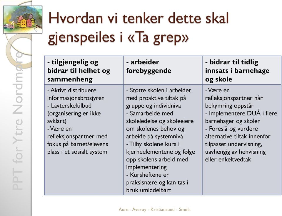 skoleledelse og skoleeiere om skolenes behov og arbeide på systemnivå - Tilby skolene kurs i kjerneelementene og følge opp skolens arbeid med implementering - Kursheftene er praksisnære og kan tas i