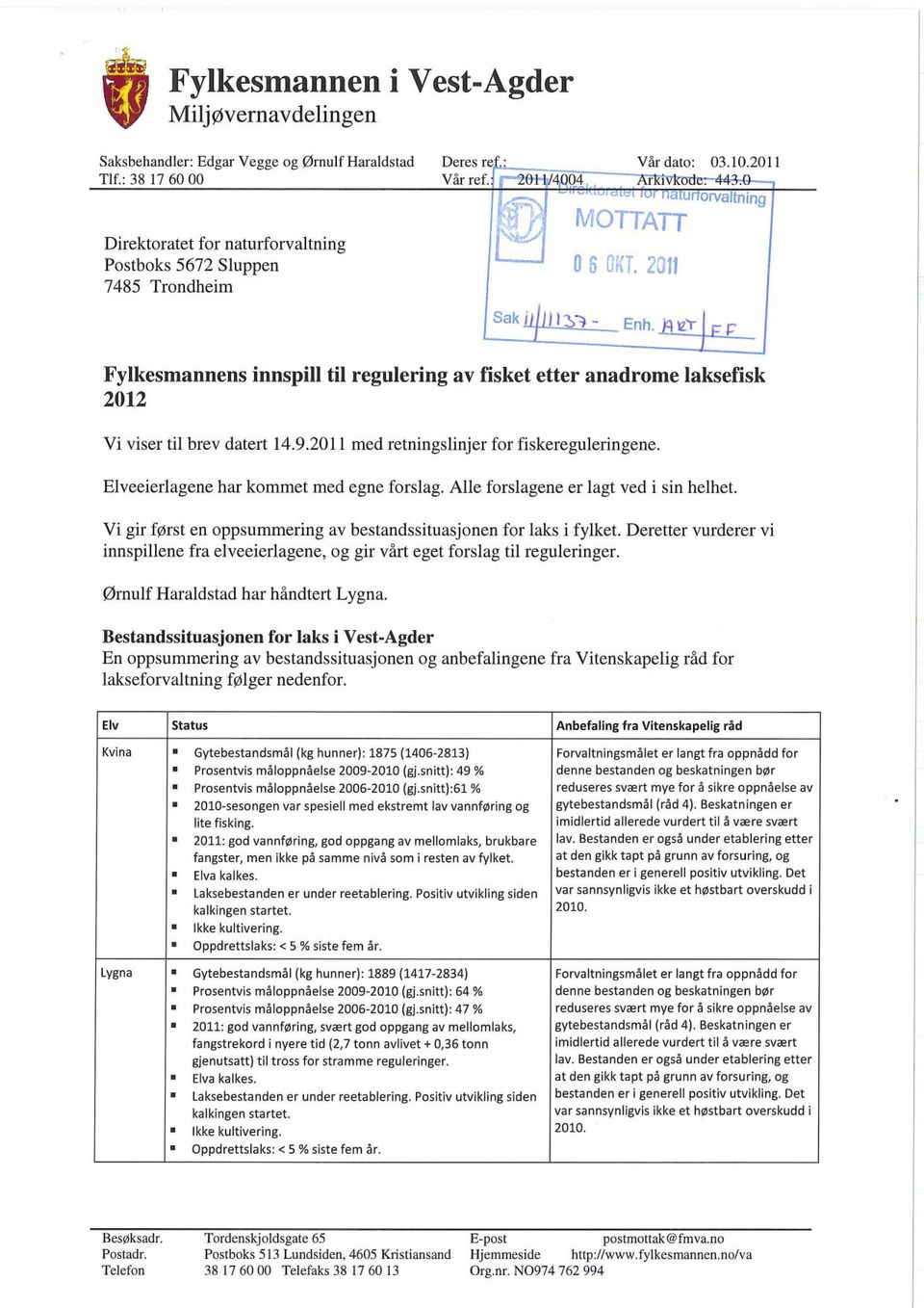 2011 med retningslinjer for fiskereguleringene. Elveeierlagene har kommet med egne forslag. Alle forslagene er lagt ved i sin helhet.