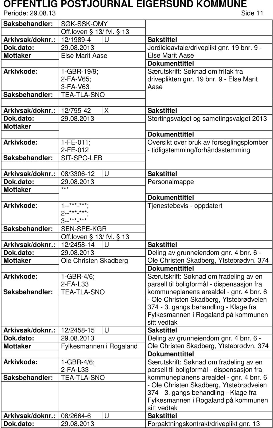 : 12/795-42 X Sakstittel Stortingsvalget og sametingsvalget 2013 1-FE-011; 2-FE-012 Oversikt over bruk av forseglingsplomber - tidligstemming/forhåndsstemming SIT-SPO-LEB Arkivsak/doknr.