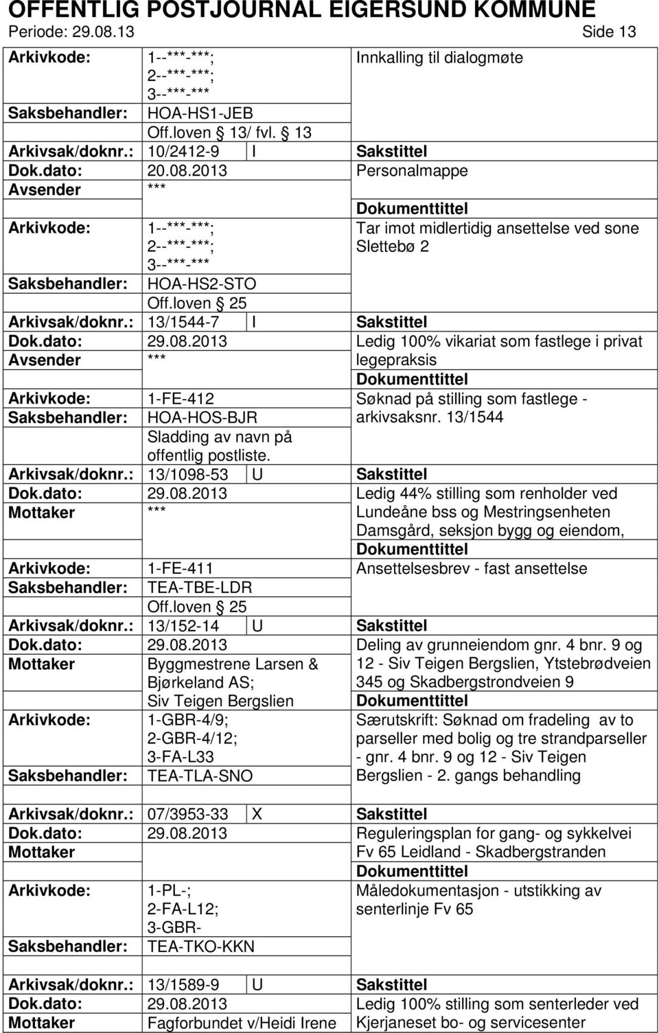 : 13/1098-53 U Sakstittel Ledig 44% stilling som renholder ved *** Lundeåne bss og Mestringsenheten Damsgård, seksjon bygg og eiendom, Ansettelsesbrev - fast ansettelse TEA-TBE-LDR Arkivsak/doknr.