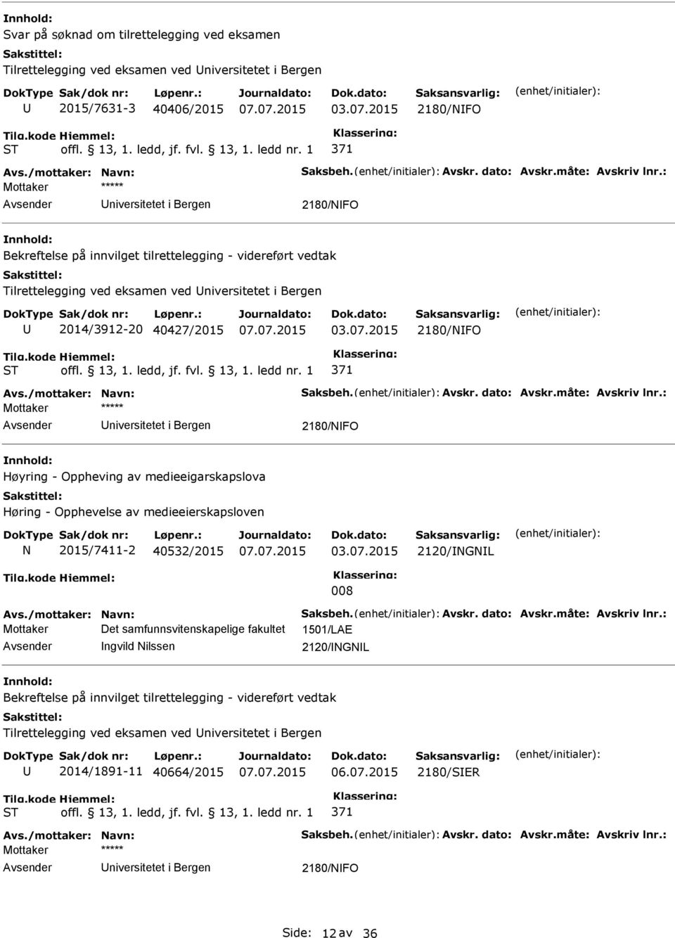 07.2015 2180/FO T 371 Mottaker niversitetet i Bergen 2180/FO Høyring - Oppheving av medieeigarskapslova Høring - Opphevelse av medieeierskapsloven 2015/7411-2 40532/2015 03.07.2015 2120/GL 008