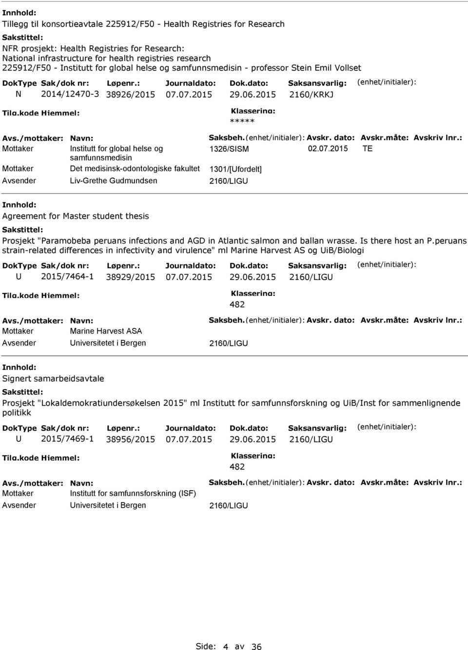 2015 TE samfunnsmedisin Mottaker Det medisinsk-odontologiske fakultet 1301/[fordelt] Liv-Grethe Gudmundsen 2160/LG Agreement for Master student thesis Prosjekt "Paramobeba peruans infections and AGD