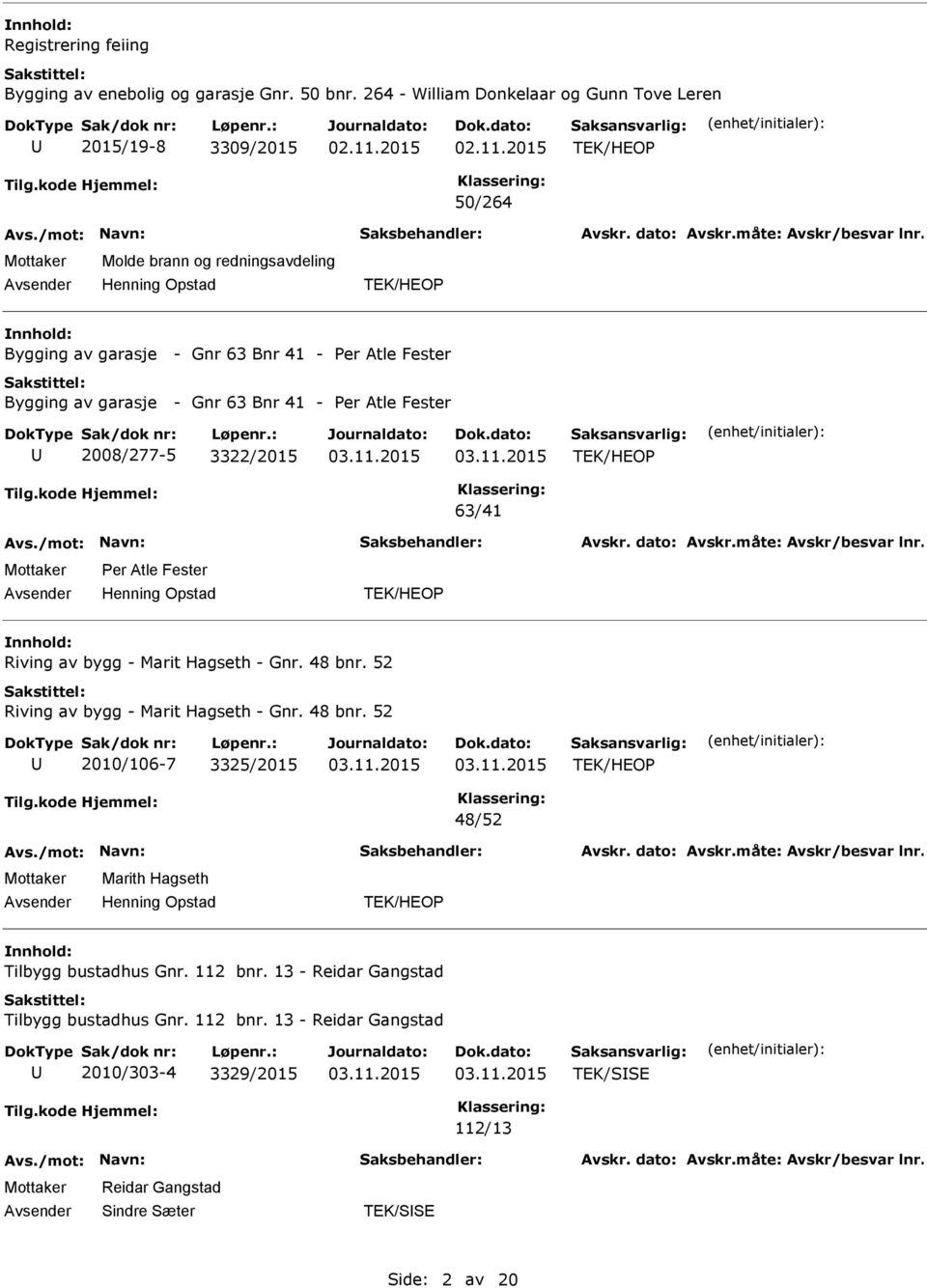 Bygging av garasje - Gnr 63 Bnr 41 - Per Atle Fester 2008/277-5 3322/2015 63/41 Per Atle Fester Riving av bygg - Marit Hagseth - Gnr. 48 bnr.