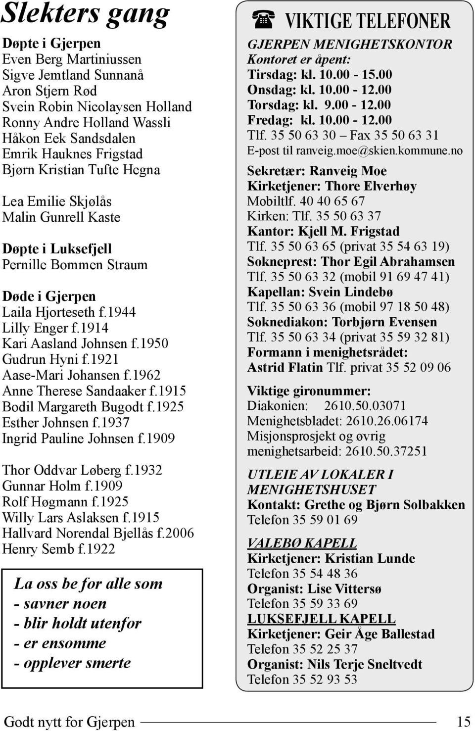 1950 Gudrun Hyni f.1921 Aase-Mari Johansen f.1962 Anne Therese Sandaaker f.1915 Bodil Margareth Bugodt f.1925 Esther Johnsen f.1937 Ingrid Pauline Johnsen f.1909 Thor Oddvar Løberg f.