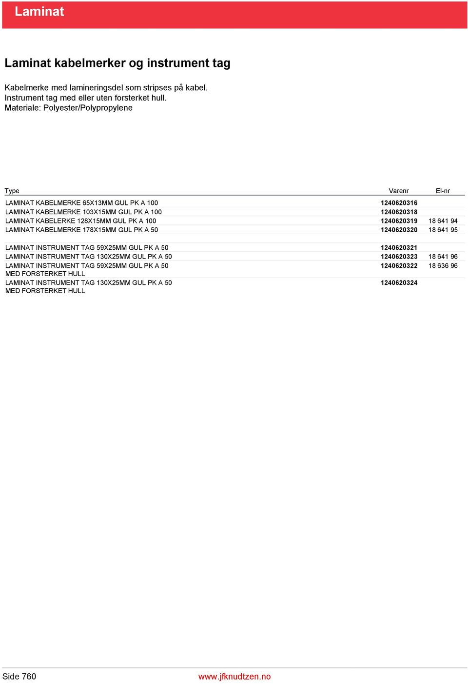 1240620319 18 641 94 LAMINAT KABELMERKE 178X15MM GUL PK A 50 1240620320 18 641 95 LAMINAT INSTRUMENT TAG 59X25MM GUL PK A 50 1240620321 LAMINAT INSTRUMENT TAG 130X25MM GUL PK A