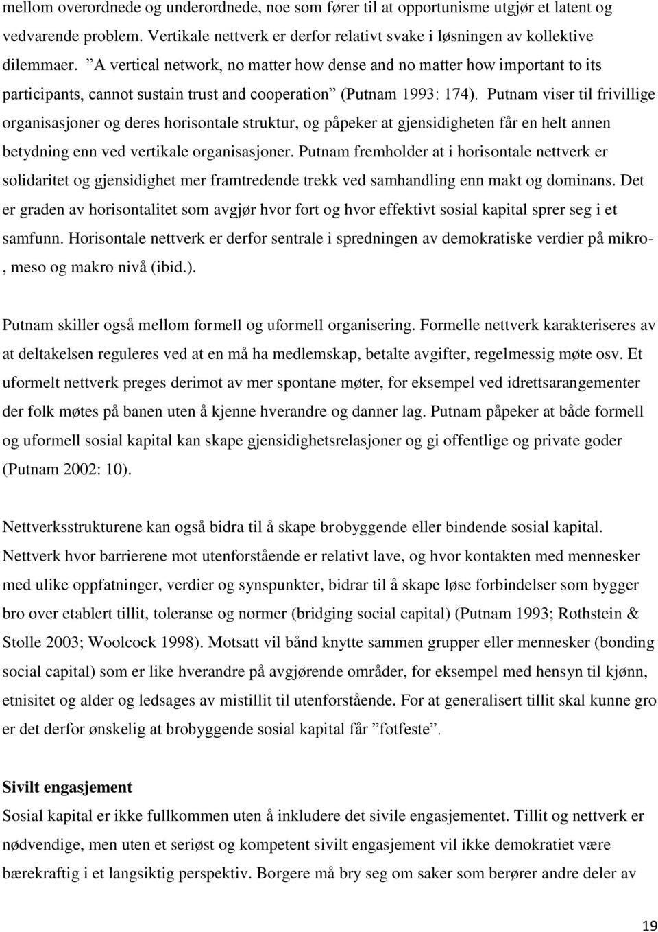 Putnam viser til frivillige organisasjoner og deres horisontale struktur, og påpeker at gjensidigheten får en helt annen betydning enn ved vertikale organisasjoner.