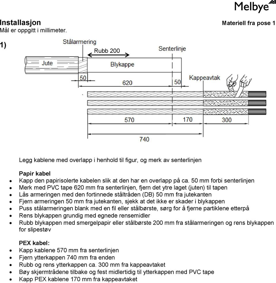 50 mm forbi senterlinjen Merk med PVC tape 620 mm fra senterlinjen, fjern det ytre laget (juten) til tapen Lås armeringen med den fortinnede ståltråden (DB) 50 mm fra jutekanten Fjern armeringen 50