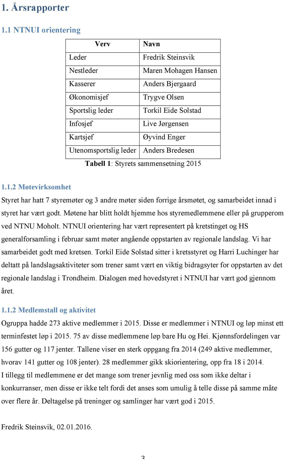 Kartsjef Øyvind Enger Utenomsportslig leder Anders Bredesen Tabell 1: Styrets sammensetning 2015 1.1.2 Møtevirksomhet Styret har hatt 7 styremøter og 3 andre møter siden forrige årsmøtet, og samarbeidet innad i styret har vært godt.