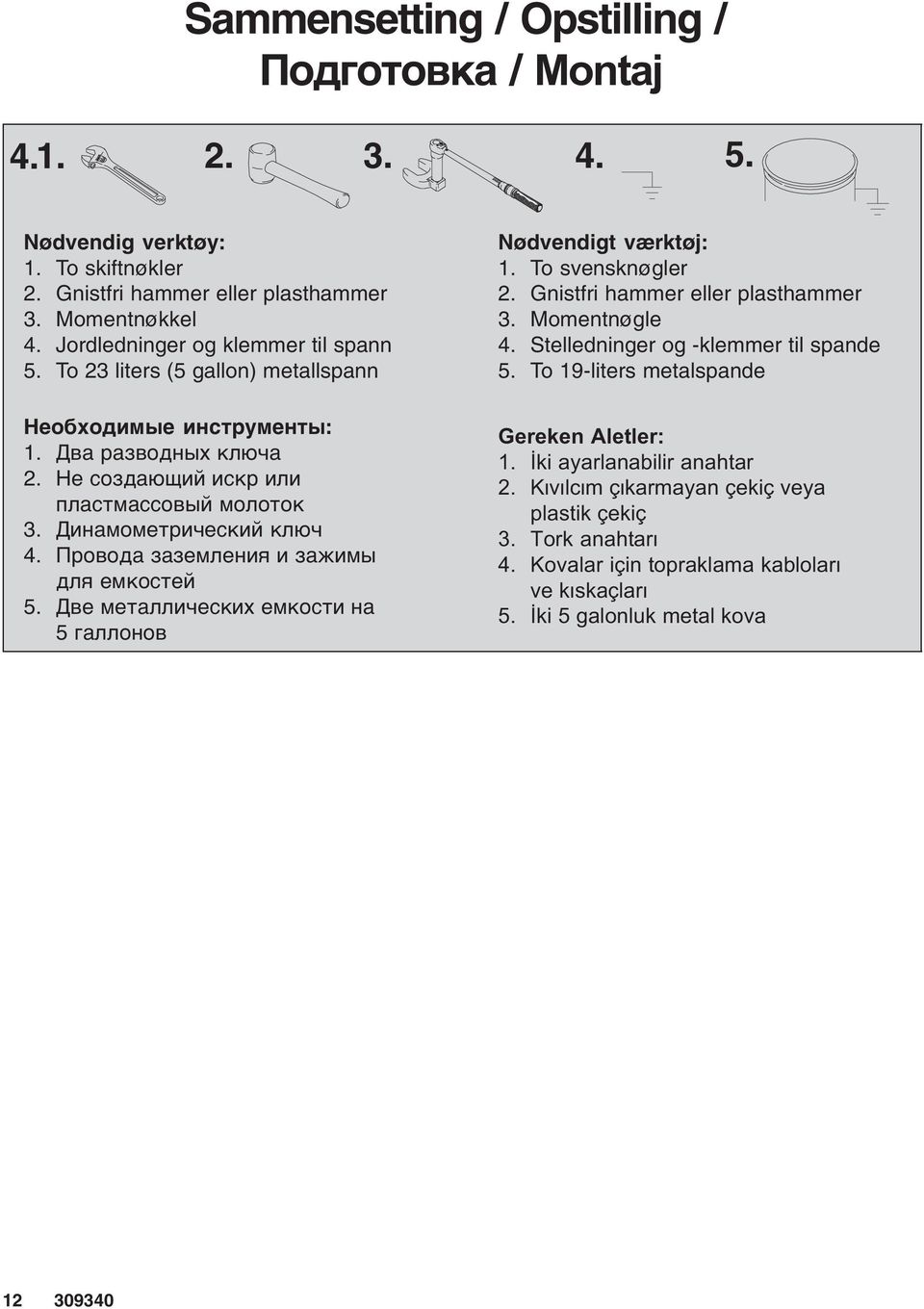 To 23 liters (5 gallon) metallspann Nødvendigt værktøj: 1. To svensknøgler 2.