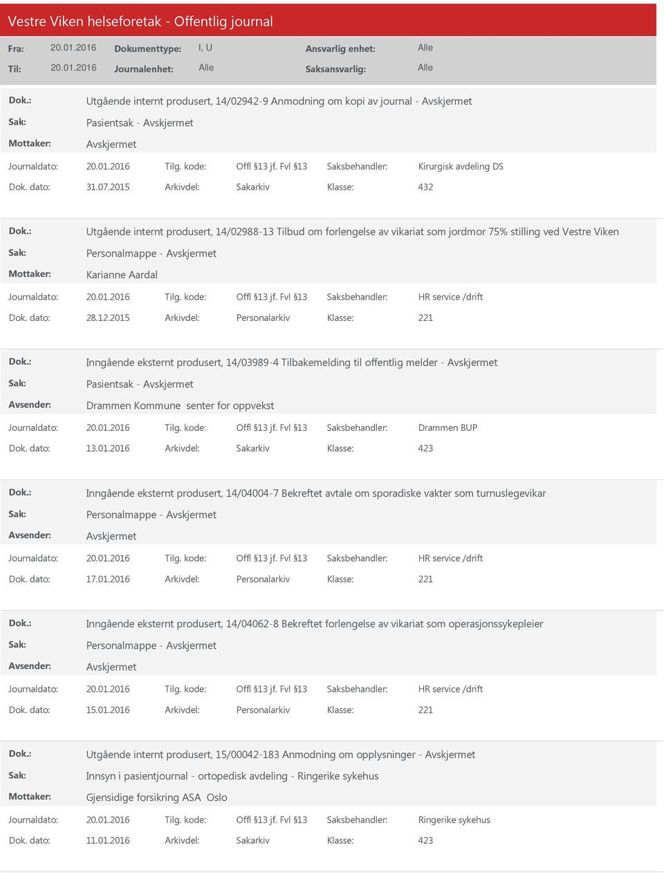 2015 Arkivdel: Personalarkiv Inngående eksternt produsert, 14/03989-4 Tilbakemelding til offentlig melder - Pasientsak - Drammen Kommune senter for oppvekst Drammen BP Dok. dato: 13.01.2016 Arkivdel: Sakarkiv Inngående eksternt produsert, 14/04004-7 Bekreftet avtale om sporadiske vakter som turnuslegevikar Personalmappe - Dok.