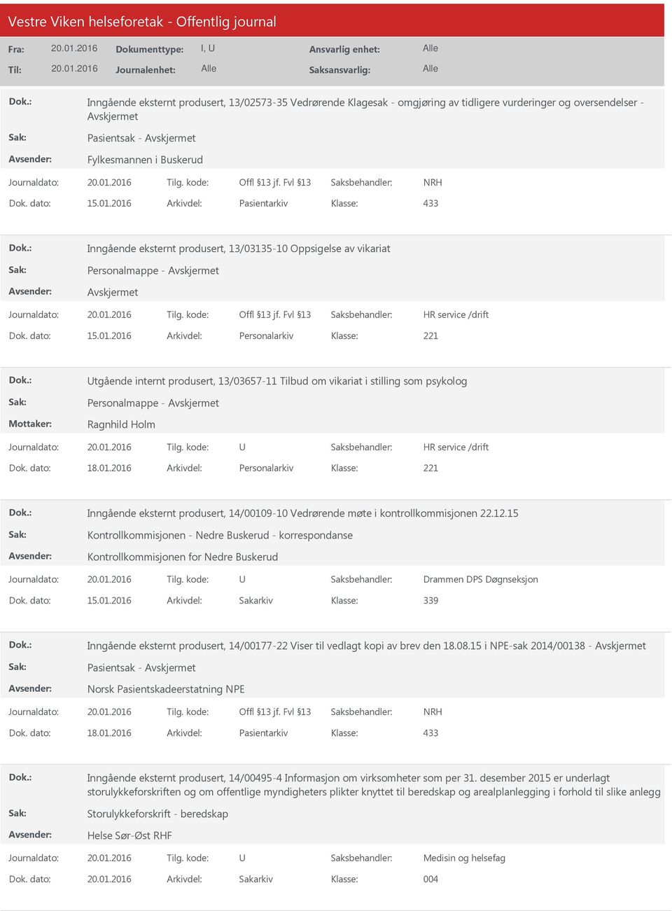 dato: 18.01.2016 Arkivdel: Personalarkiv Inngående eksternt produsert, 14/00109-10 Vedrørende møte i kontrollkommisjonen 22.12.