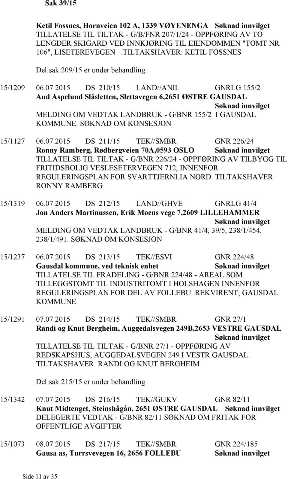 2015 DS 210/15 LAND//ANIL GNRLG 155/2 Aud Aspelund Slåsletten, Slettavegen 6,2651 ØSTRE GAUSDAL MELDING OM VEDTAK LANDBRUK - G/BNR 155/2 I GAUSDAL KOMMUNE. SØKNAD OM KONSESJON 15/1127 06.07.