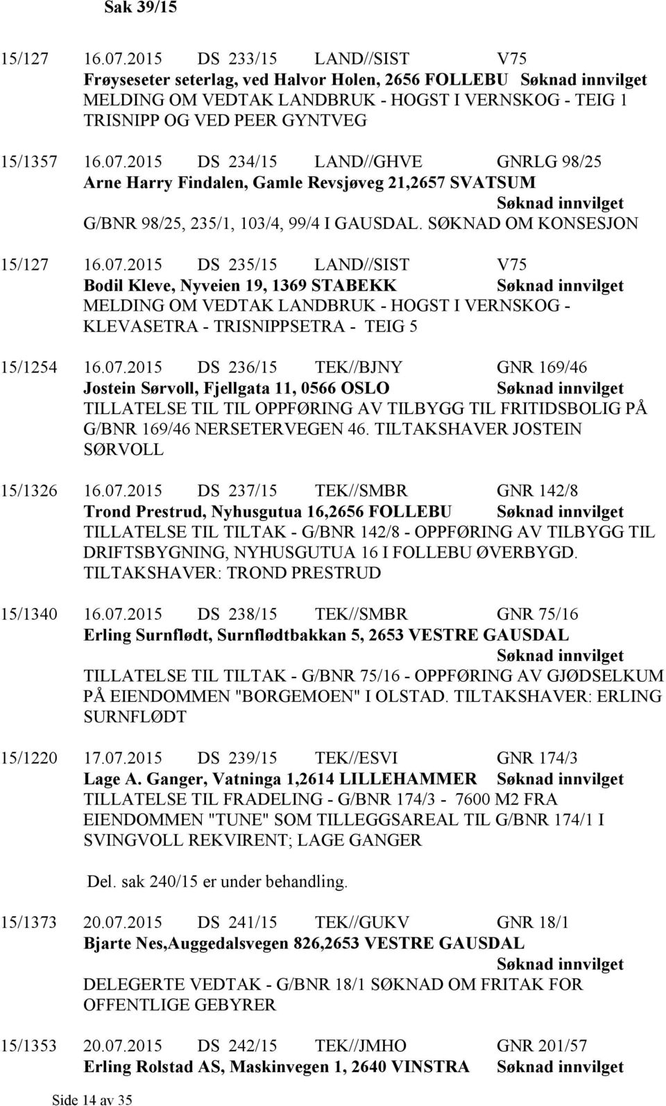 TILTAKSHAVER JOSTEIN SØRVOLL 15/1326 16.07.