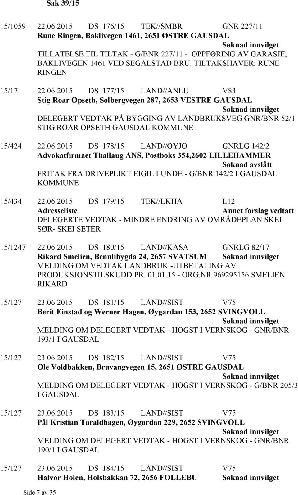 2015 DS 177/15 LAND//ANLU V83 Stig Roar Opseth, Solbergvegen 287, 2653 VESTRE GAUSDAL DELEGERT VEDTAK PÅ BYGGING AV LANDBRUKSVEG GNR/BNR 52/1 STIG ROAR OPSETH GAUSDAL KOMMUNE 15/424 22.06.