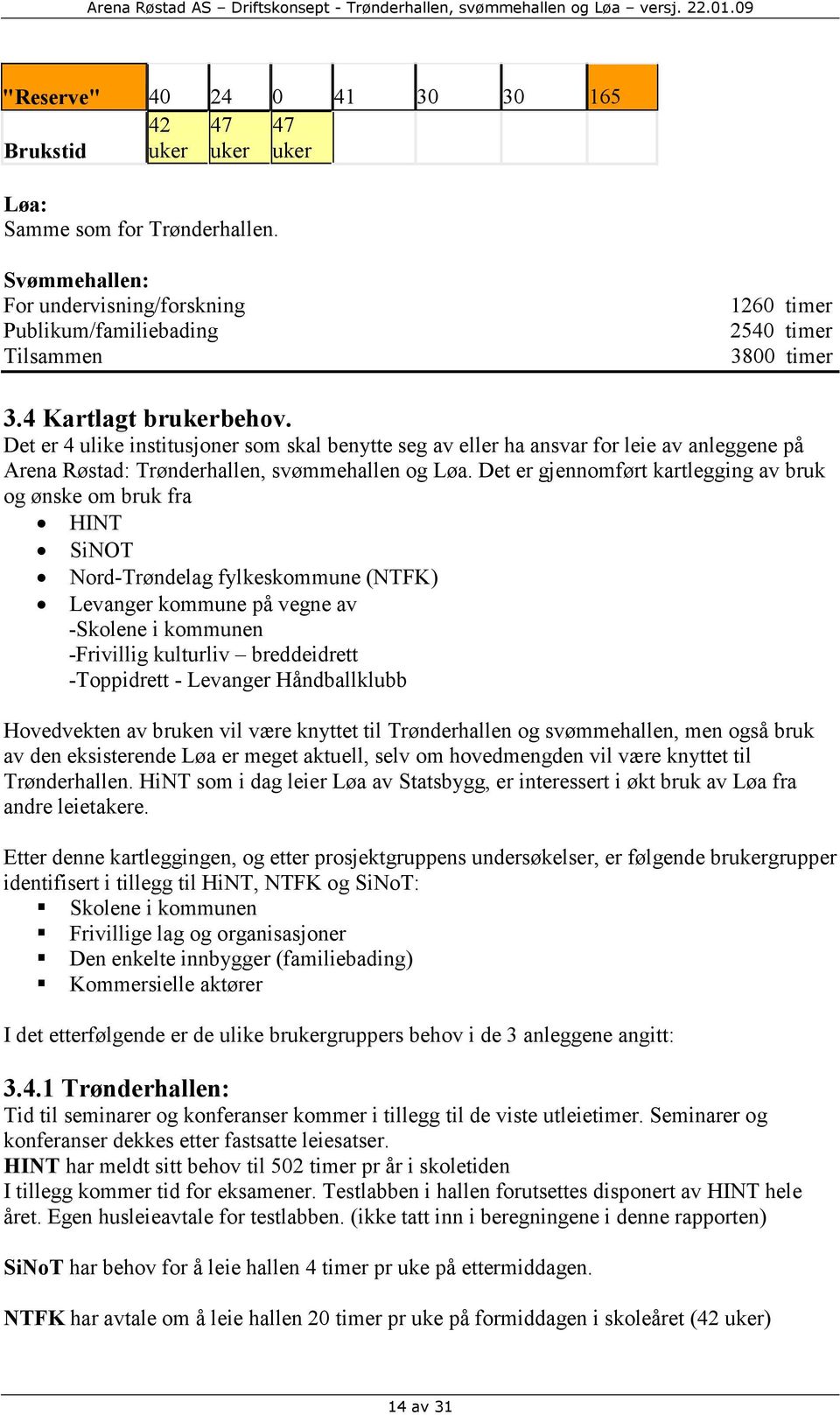 Det er 4 ulike institusjoner som skal benytte seg av eller ha ansvar for leie av anleggene på Arena Røstad: Trønderhallen, svømmehallen og Løa.