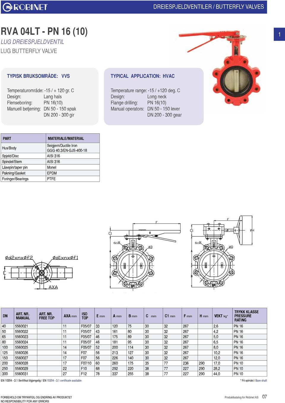 C Design: Long neck Flange drilling: PN 16(10) Manual operators: 50-150 lever 00-300 gear Hus/Body Seigjern/Ductile Iron GGG 40.