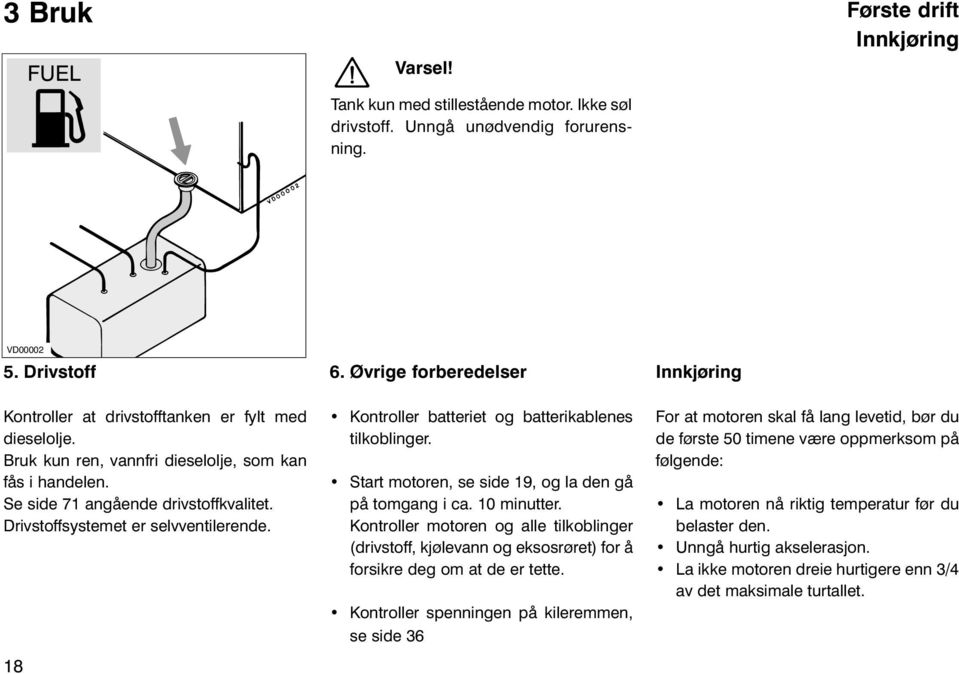 18 6. Øvrige forberedelser Kontroller batteriet og batterikablenes tilkoblinger. Start motoren, se side 19, og la den gå på tomgang i ca. 10 minutter.