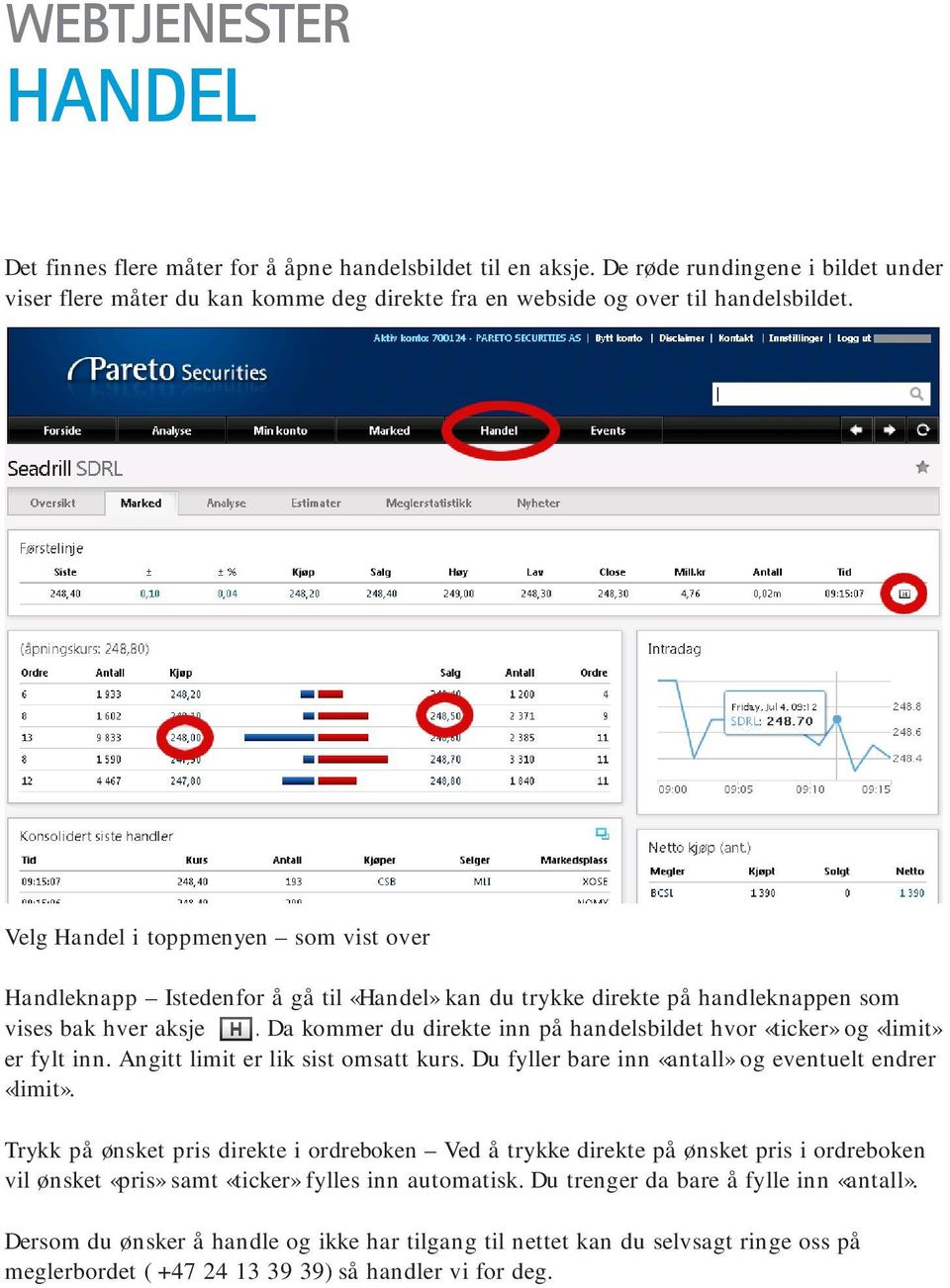 Da kommer du direkte inn på handelsbildet hvor «ticker» og «limit» er fylt inn. Angitt limit er lik sist omsatt kurs. Du fyller bare inn «antall» og eventuelt endrer «limit».