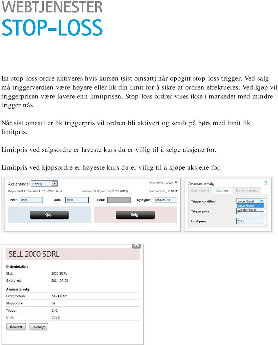 Ved kjøp vil triggerprisen være lavere enn limitprisen. Stop-loss ordrer vises ikke i markedet med mindre trigger nås.
