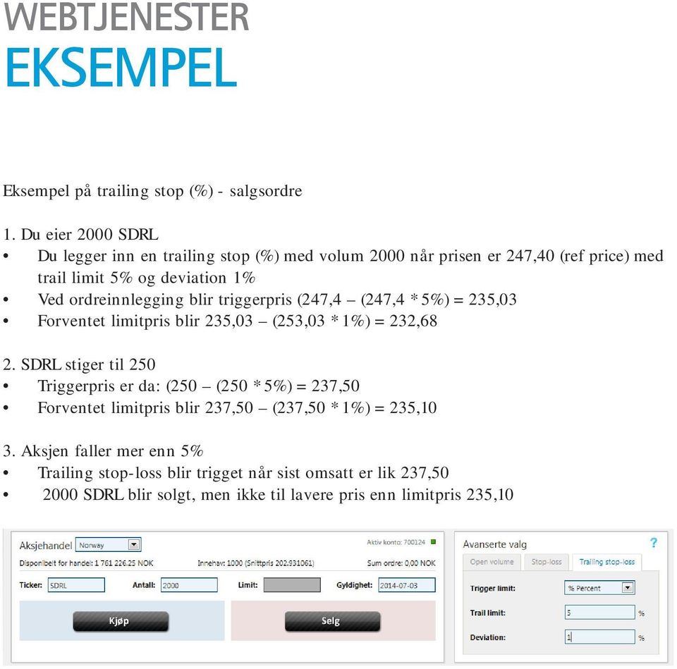 ordreinnlegging blir triggerpris (247,4 (247,4 * 5%) = 235,03 Forventet limitpris blir 235,03 (253,03 * 1%) = 232,68 2.