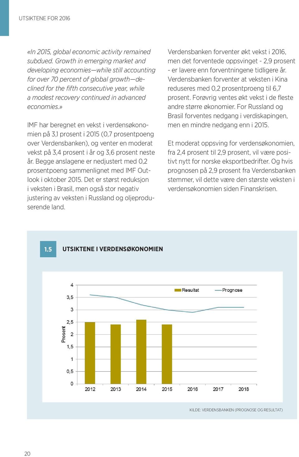 economies.» IMF har beregnet en vekst i verdensøkonomien på 3,1 prosent i 2015 (0,7 prosentpoeng over Verdensbanken), og venter en moderat vekst på 3,4 prosent i år og 3,6 prosent neste år.