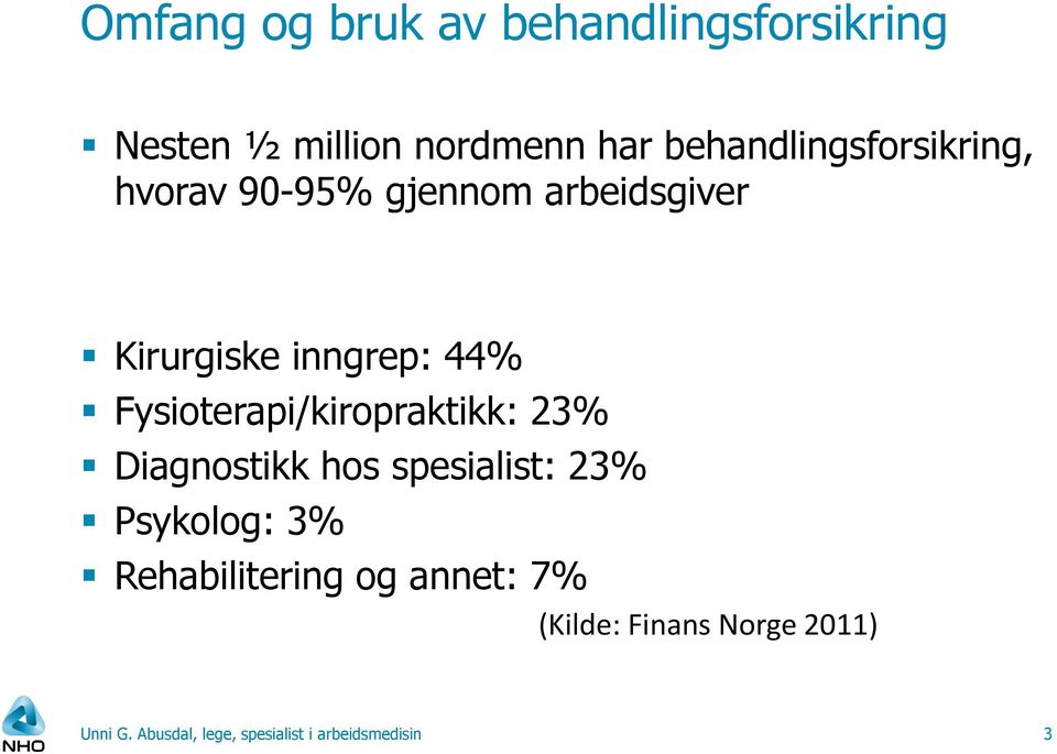 Fysioterapi/kiropraktikk: 23% Diagnostikk hos spesialist: 23% Psykolog: 3%