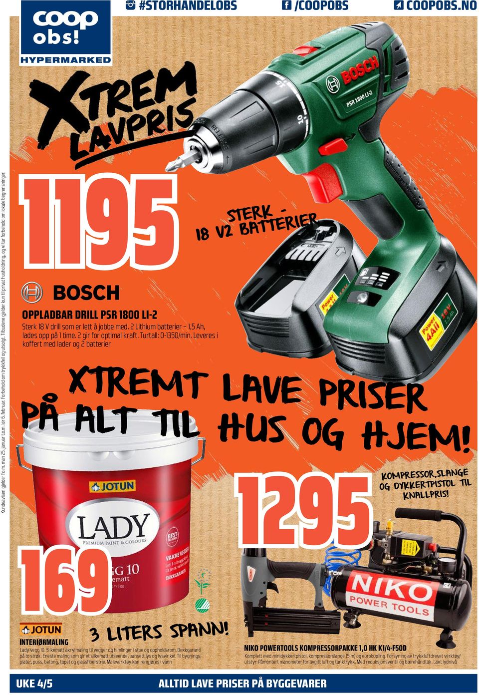 2 Lithium batterier 1,5 Ah, lades opp på 1 time. 2 gir for optimal kraft. Turtall: 0-1350/min.