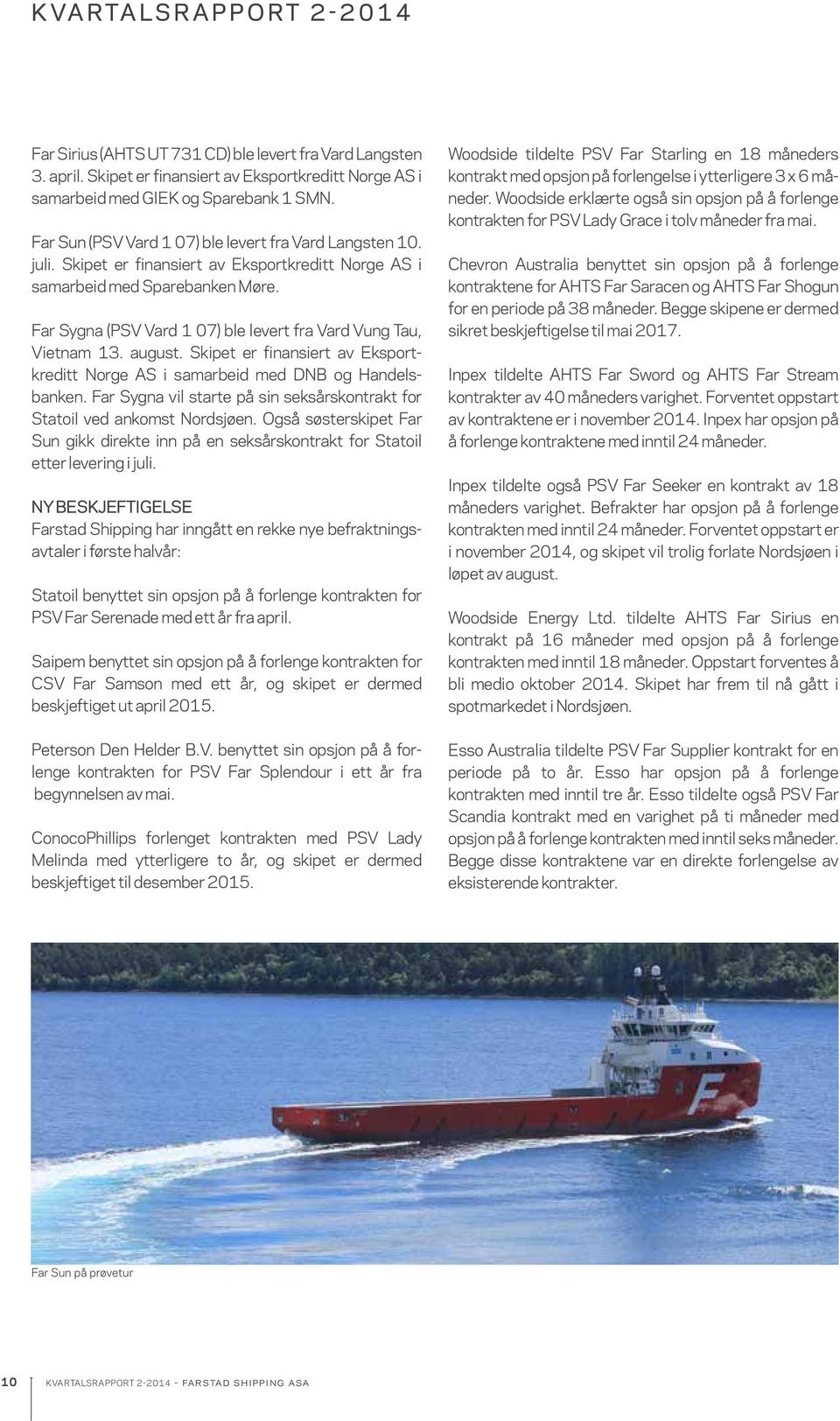 Far Sygna (PSV Vard 1 07) ble levert fra Vard Vung Tau, Vietnam 13. august. Skipet er finansiert av Eksportkreditt Norge AS i samarbeid med DNB og Handelsbanken.