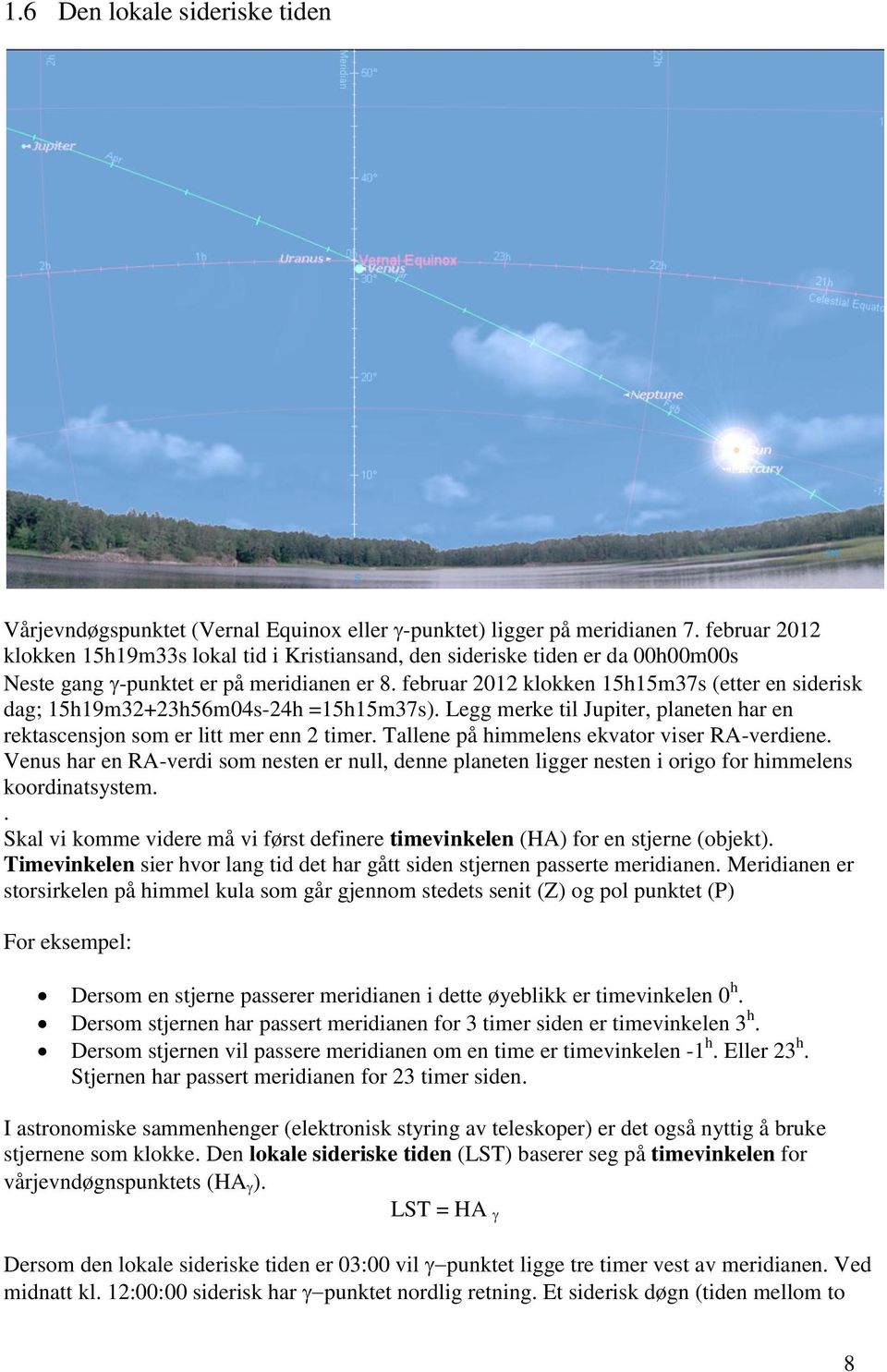 februar 2012 klokken 15h15m37s (etter en siderisk dag; 15h19m32+23h56m04s-24h =15h15m37s). Legg merke til Jupiter, planeten har en rektascensjon som er litt mer enn 2 timer.