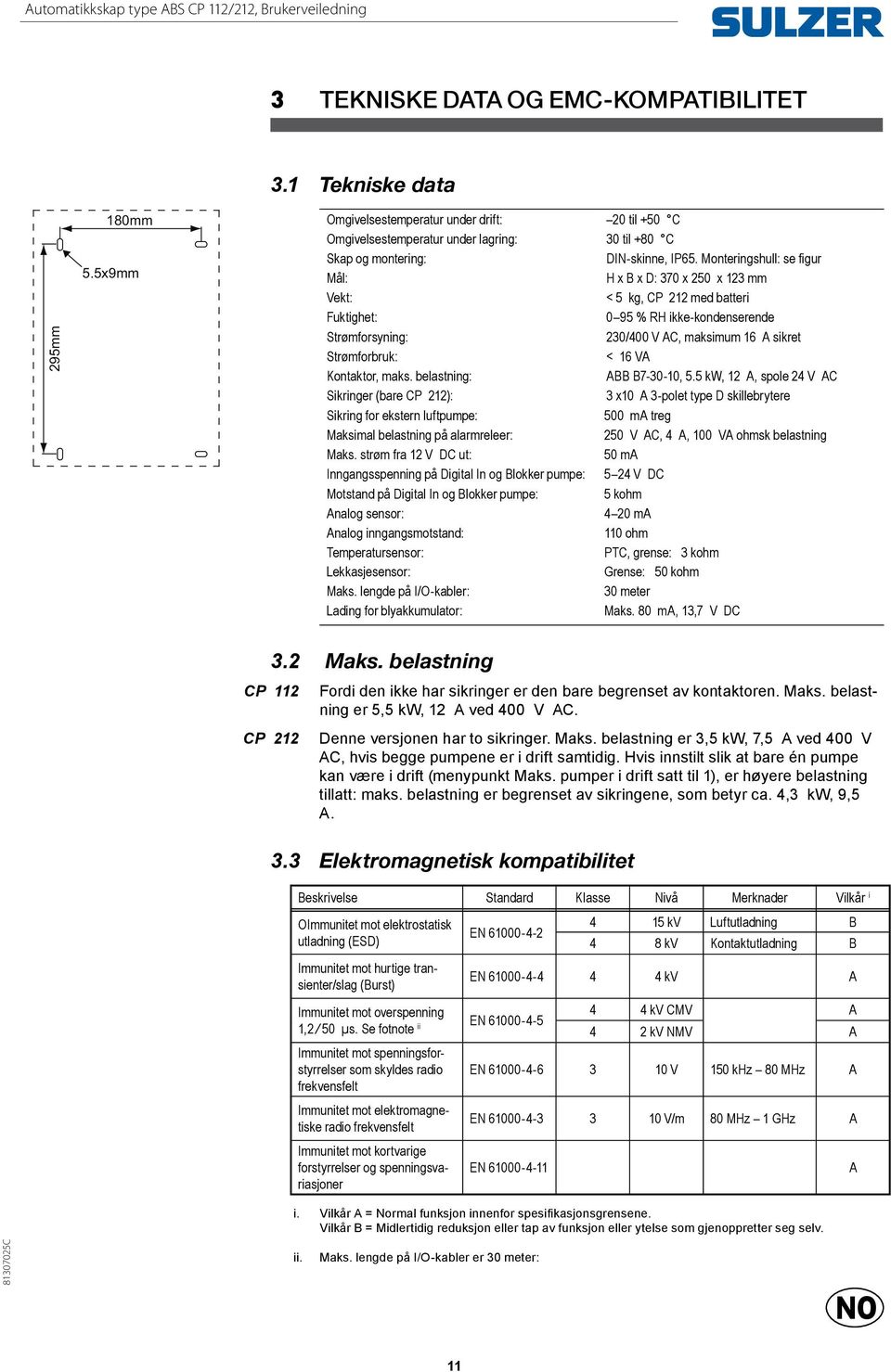 Monteringshull: se figur Mål: H x B x D: 370 x 250 x 123 mm Vekt: < 5 kg, CP 212 med batteri Fuktighet: 0 95 % RH ikke-kondenserende Strømforsyning: 230/400 V AC, maksimum 16 A sikret Strømforbruk: <