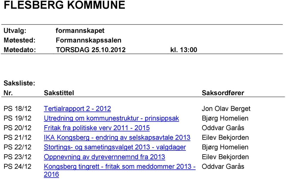 Fritak fra politiske verv 2011-2015 Oddvar Garås PS 21/12 IKA Kongsberg - endring av selskapsavtale 2013 Eilev Bekjorden PS 22/12 Stortings- og