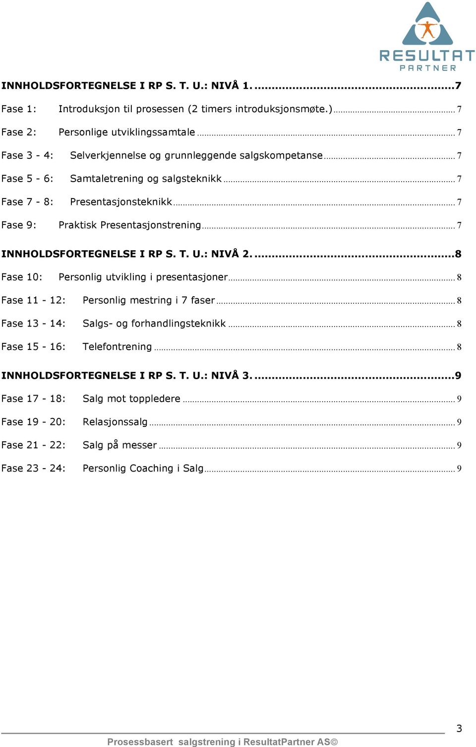 .. 7 INNHOLDSFORTEGNELSE I RP S. T. U.: NIVÅ 2.... 8 Fase 10: Personlig utvikling i presentasjoner... 8 Fase 11-12: Personlig mestring i 7 faser... 8 Fase 13-14: Salgs- og forhandlingsteknikk.