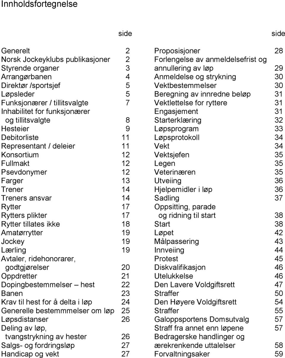 ikke 18 Amatørrytter 19 Jockey 19 Lærling 19 Avtaler, ridehonorarer, godtgjørelser 20 Oppdretter 21 Dopingbestemmelser hest 22 Banen 23 Krav til hest for å delta i løp 24 Generelle bestemmmelser om