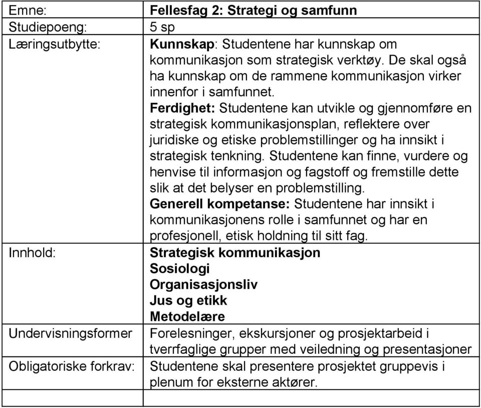 Ferdighet: Studentene kan utvikle og gjennomføre en strategisk kommunikasjonsplan, reflektere over juridiske og etiske problemstillinger og ha innsikt i strategisk tenkning.