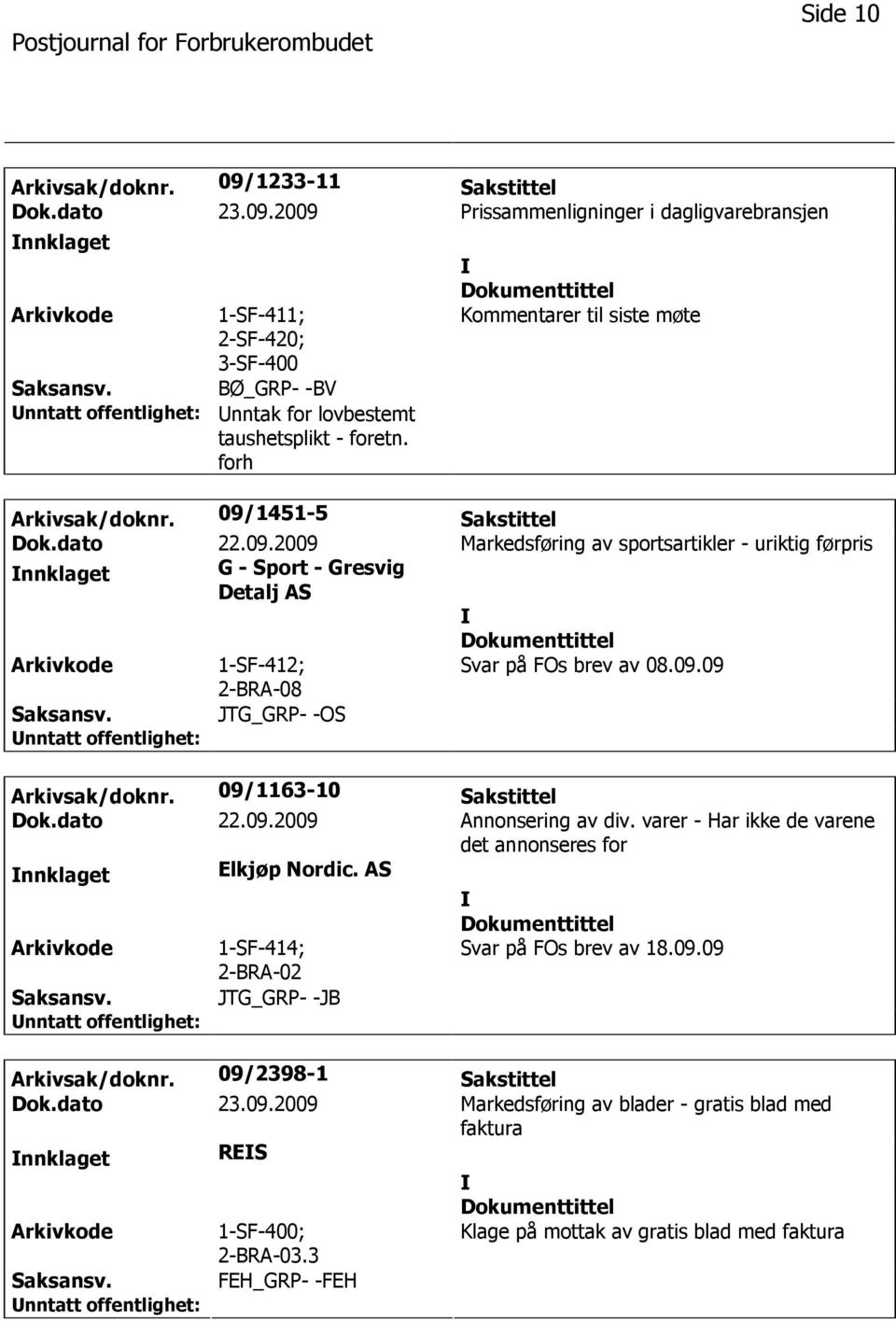 09.09 JTG_GRP- -OS Arkivsak/doknr. 09/1163-10 Sakstittel Dok.dato 22.09.2009 Annonsering av div. varer - Har ikke de varene det annonseres for nnklaget Elkjøp Nordic.