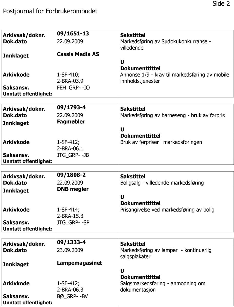 1 Bruk av førpriser i markedsføringen JTG_GRP- -JB Arkivsak/doknr. 09/1808-2 Sakstittel Dok.dato 22.09.2009 Boligsalg - villedende markedsføring nnklaget DNB megler 1-SF-414; 2-BRA-15.