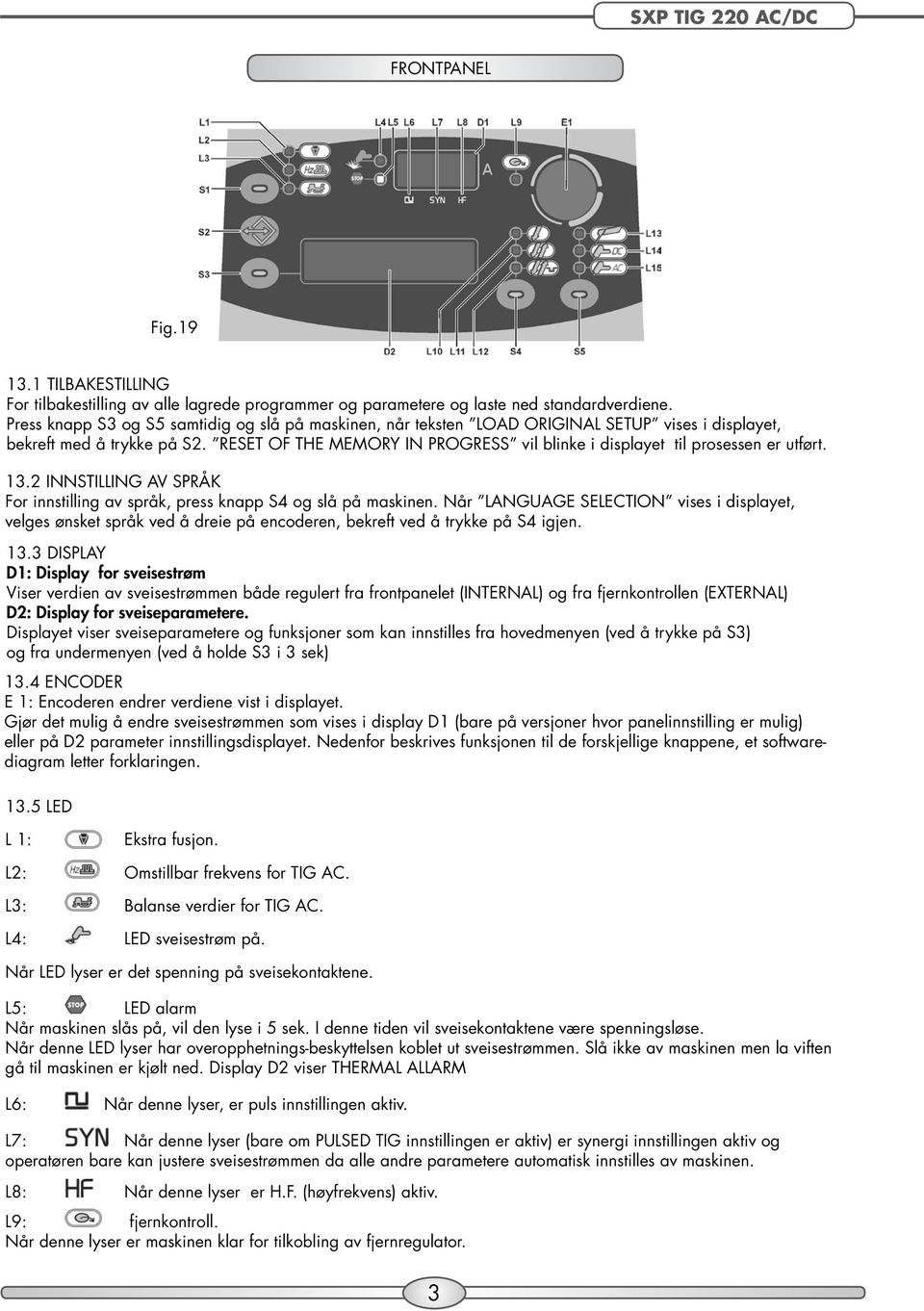 RESET OF THE MEMORY IN PROGRESS vil blinke i displayet til prosessen er utført. 13.2 INNSTILLING AV SPRÅK For innstilling av språk, press knapp S4 og slå på maskinen.