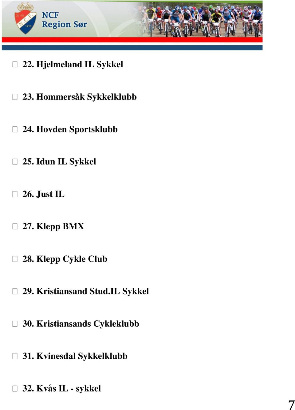 Klepp BMX 28. Klepp Cykle Club 29. Kristiansand Stud.