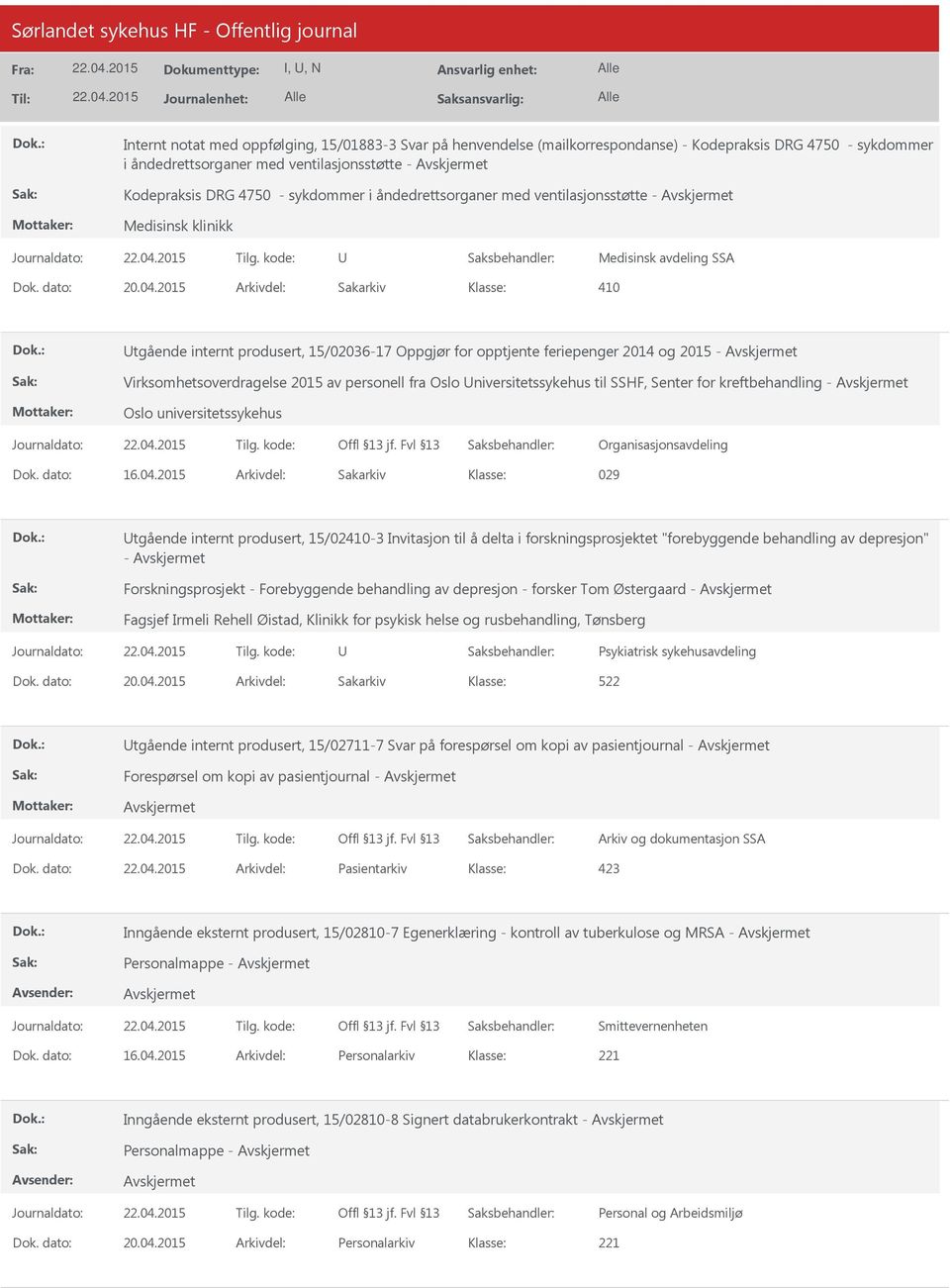 2015 av personell fra Oslo niversitetssykehus til SSHF, Senter for kreftbehandling - Oslo universitetssykehus Organisasjonsavdeling Dok. dato: 16.04.