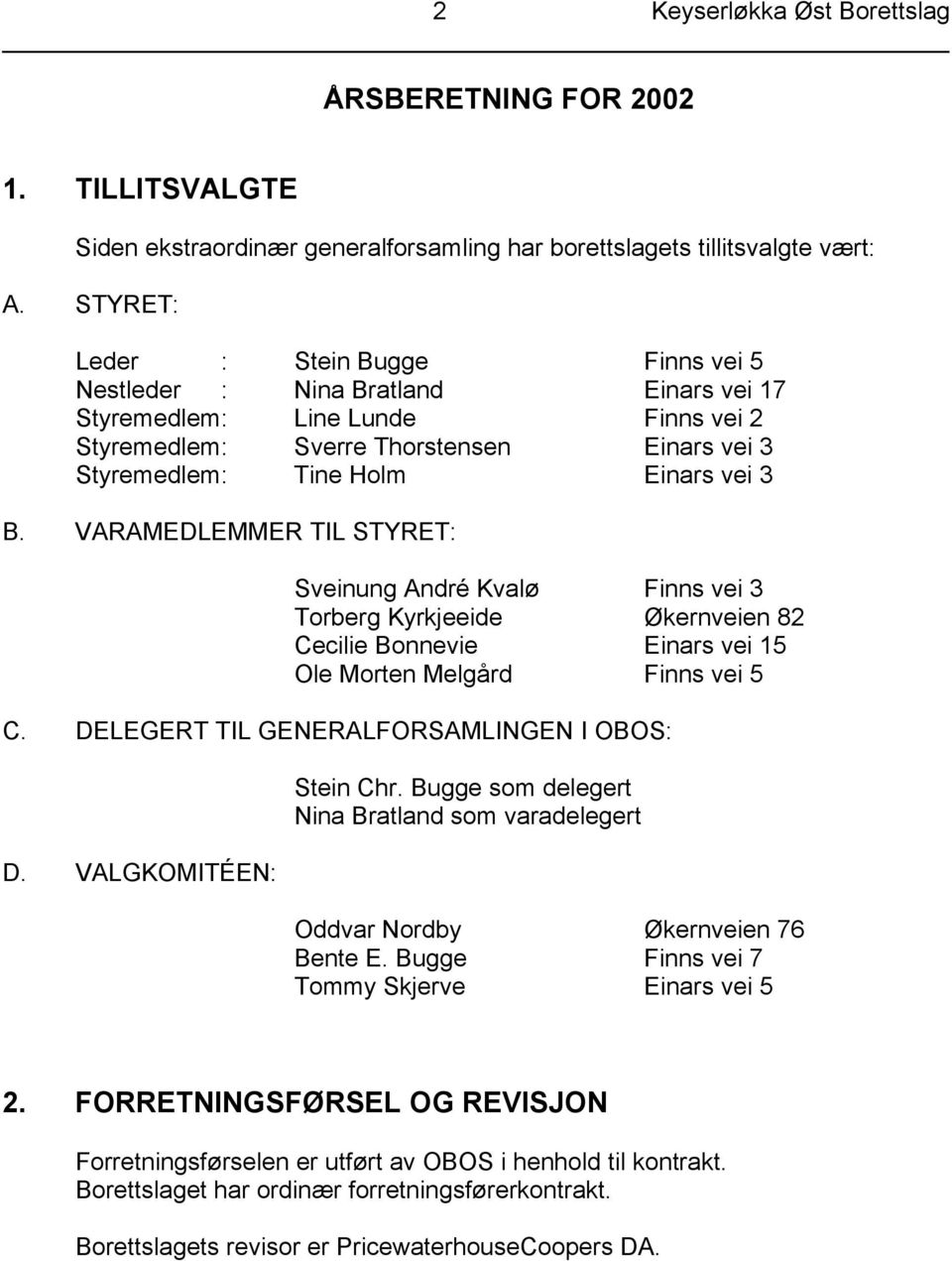 B. VARAMEDLEMMER TIL STYRET: Sveinung André Kvalø Finns vei 3 Torberg Kyrkjeeide Økernveien 82 Cecilie Bonnevie Einars vei 15 Ole Morten Melgård Finns vei 5 C.